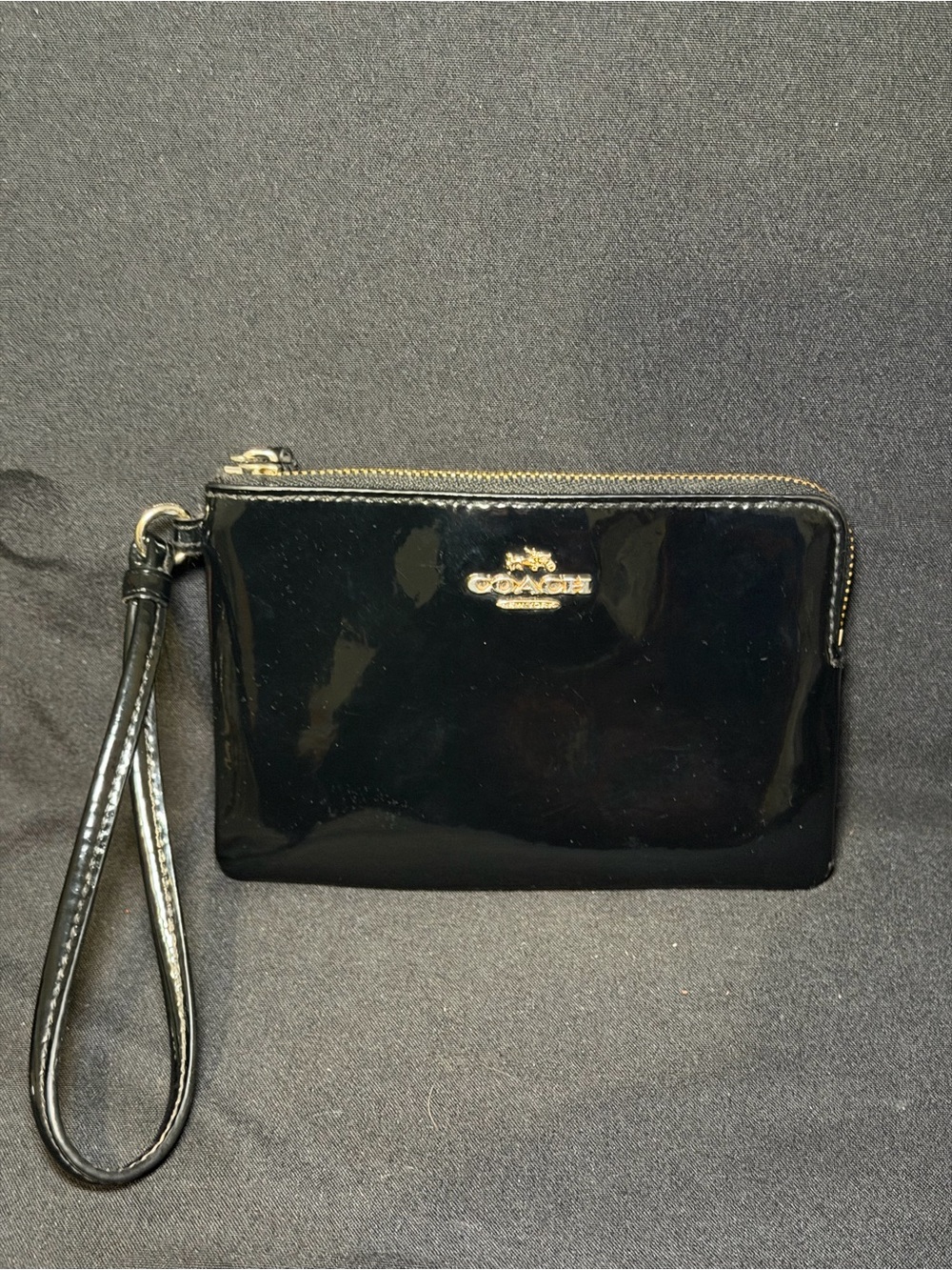 Coach Black Patent Leather Wristlet Bag with Zipper, Wrist Strap & Inner Pockets